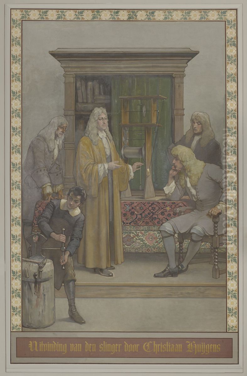 De uitvinding van het slingeruurwerk den slinger door Christiaan Huygens Oil Painting by George Sturm
