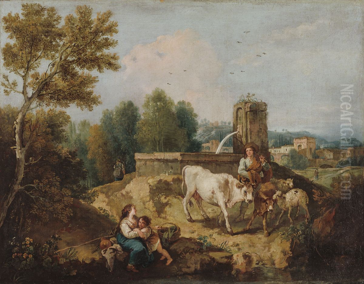 At the Fountain Oil Painting by Giuseppe Zais