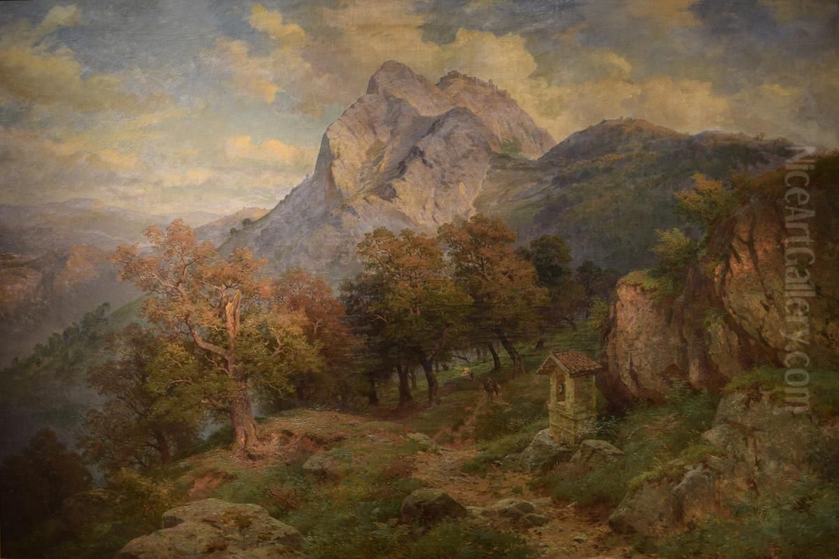 QUESTO QUADRO FA RIFERIMENTO A MONTE CELESTE IL PAESE SULLA VETTA CIVITELLA DI SUBIACO IL LUOGO DOVE IL PITTORE HA PRESO SPUNTO PER DISEGNARLO MONTE CALVARIO IL PAESE OGGI SI CHIAMA BELLEGRA VICINO OLEVANO LUOGO CHE PAUL HA FREQUENTATO. Oil Painting by Paul Weber