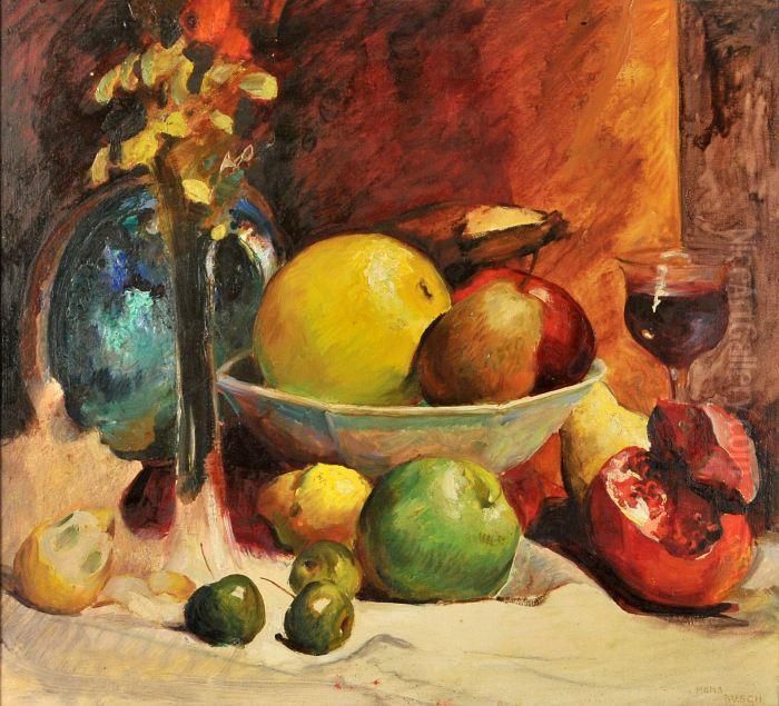 Still Life With Wine And Pomegranate Oil Painting by Hans Busch