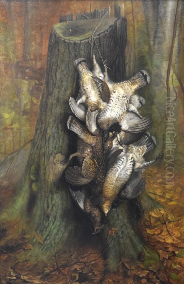 Dawn, October 1--Grouse on Stump Oil Painting by Ben Austrian