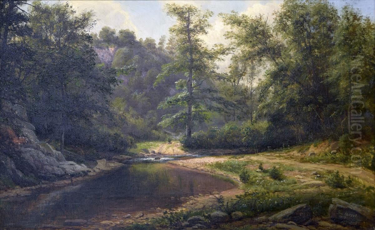 Landscape, River Ford in Woods Oil Painting by George Hetzel