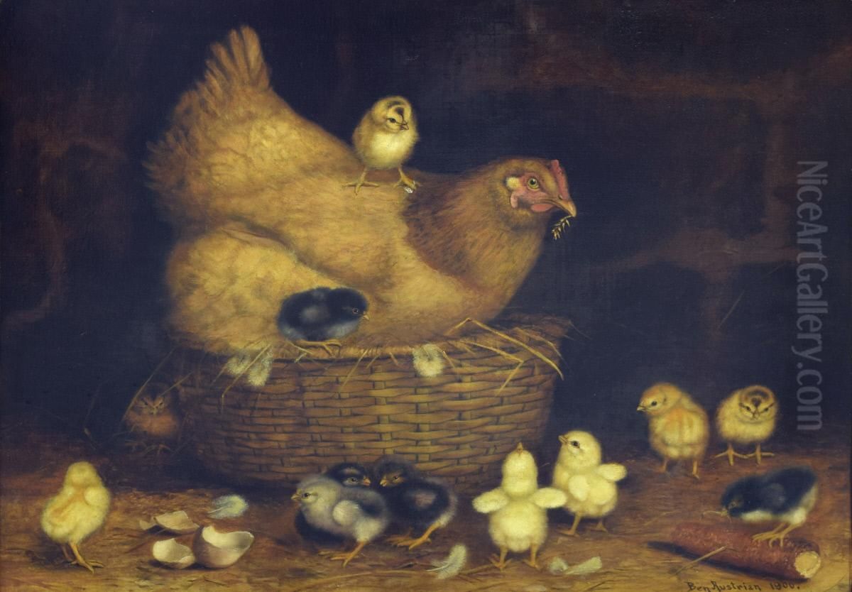 Hen with Twelve Chicks Oil Painting by Ben Austrian
