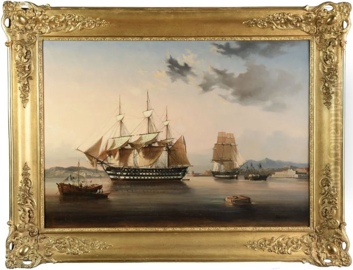 L'Etoile et La Belle Poule en port de Toulon par mer calme Oil Painting by Lauvergne, Barthelemy