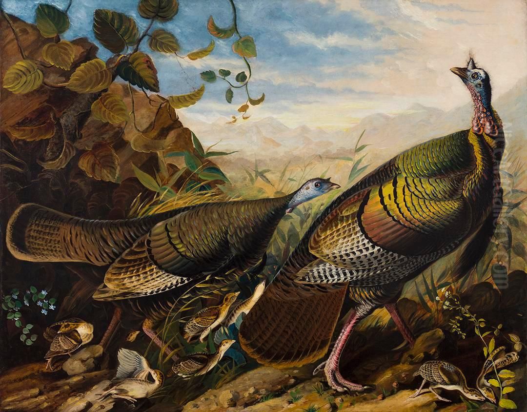 Wild Turkey Cock, Hen and Young Oil Painting by John James Audubon