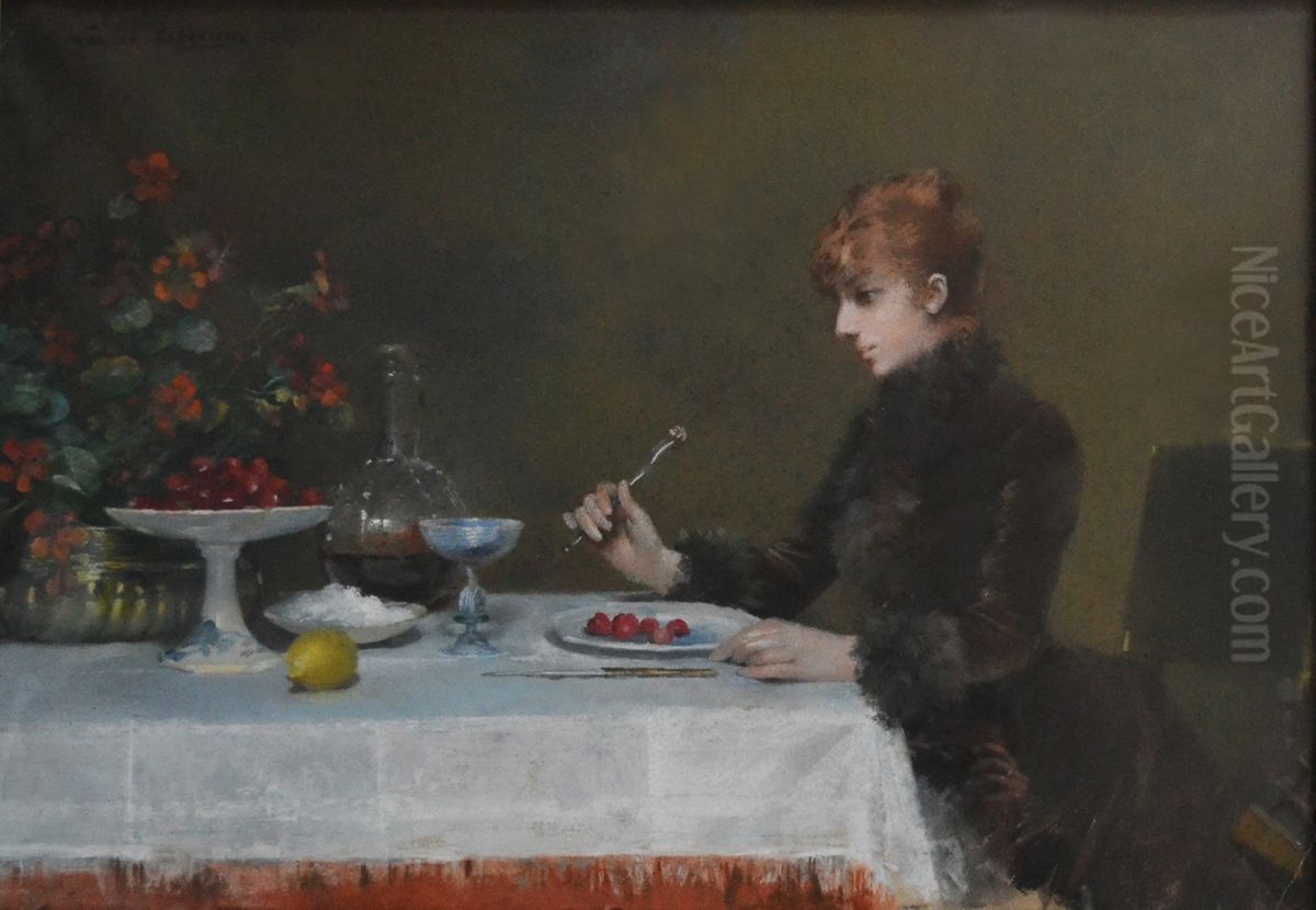 Sarah Bernhardt a table Oil Painting by Louise Abbema