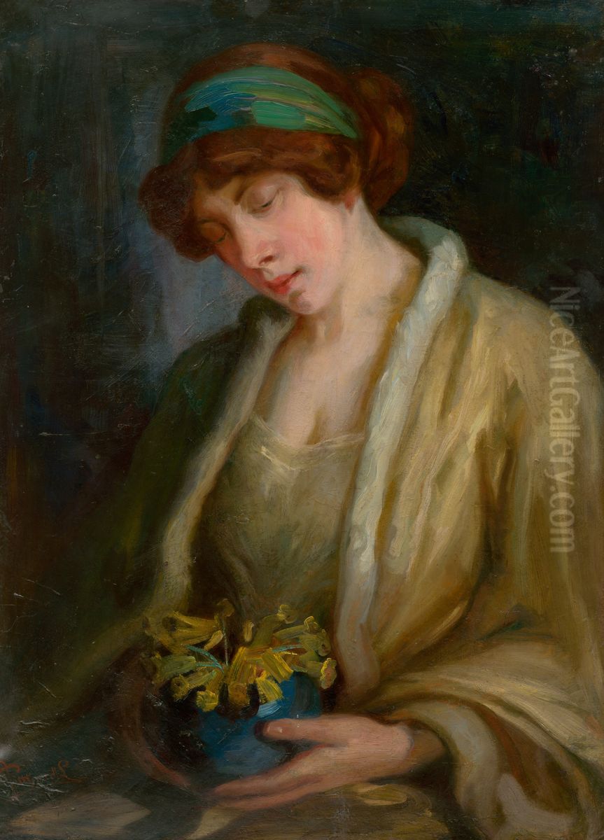 Zena s kvietkami Oil Painting by Ludovit Pitthordt