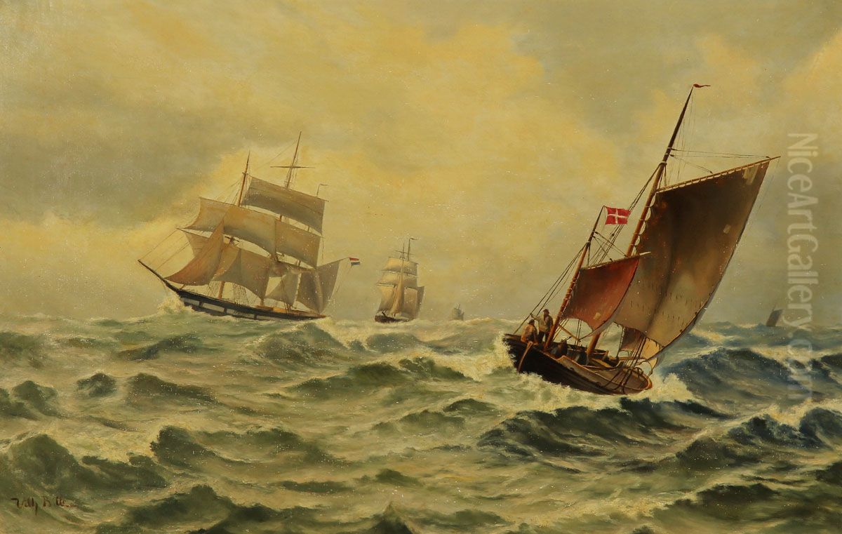 Sailing ships on a stormy sea Oil Painting by Vilhelm Bille