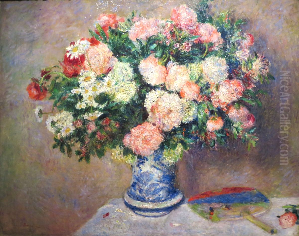 Bouquet of Chrysanthemums and a Japanese Fan Oil Painting by Pierre Auguste Renoir