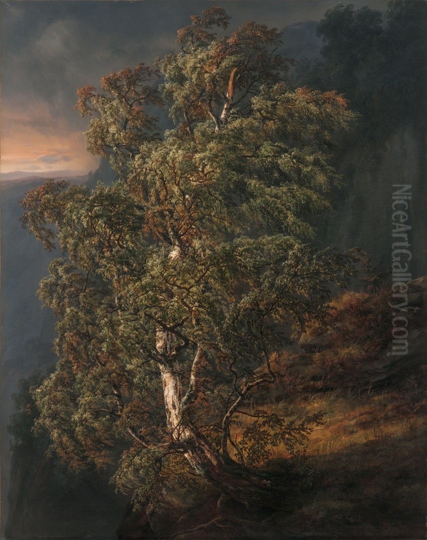 Birch Tree in a Storm Oil Painting by Johan Wilhelm Ludwig Dahl
