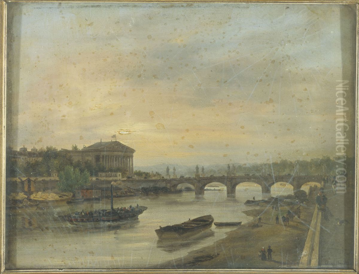 Le Palais Bourbon et le Pont Louis-XVI (pont de la Concorde) Oil Painting by Giuseppe Canella