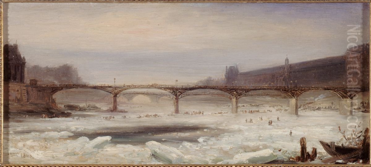 La Seine et le Pont des Arts, en janvier 1848 Oil Painting by Jean-Jacques Champin