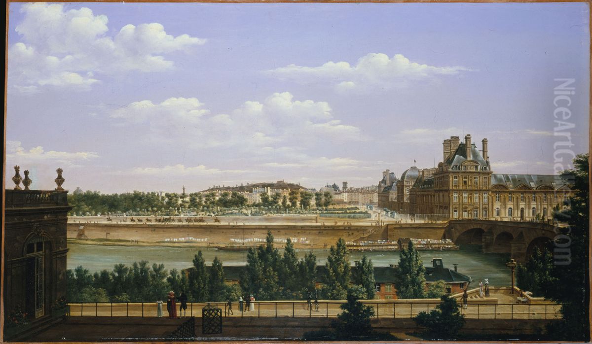 Le Jardin et le palais des Tuileries, vus du quai d'Orsay Oil Painting by Etienne Bouhot