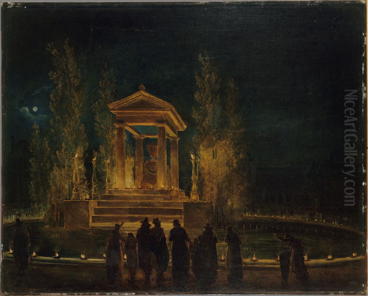 Le Mausolee provisoire de Jean-Jacques Rousseau, sur le bassin des Tuileries, avant la translation de ses cendres au Pantheon Nuit du 10 au 11 octobre 1794 Oil Painting by Hubert Robert