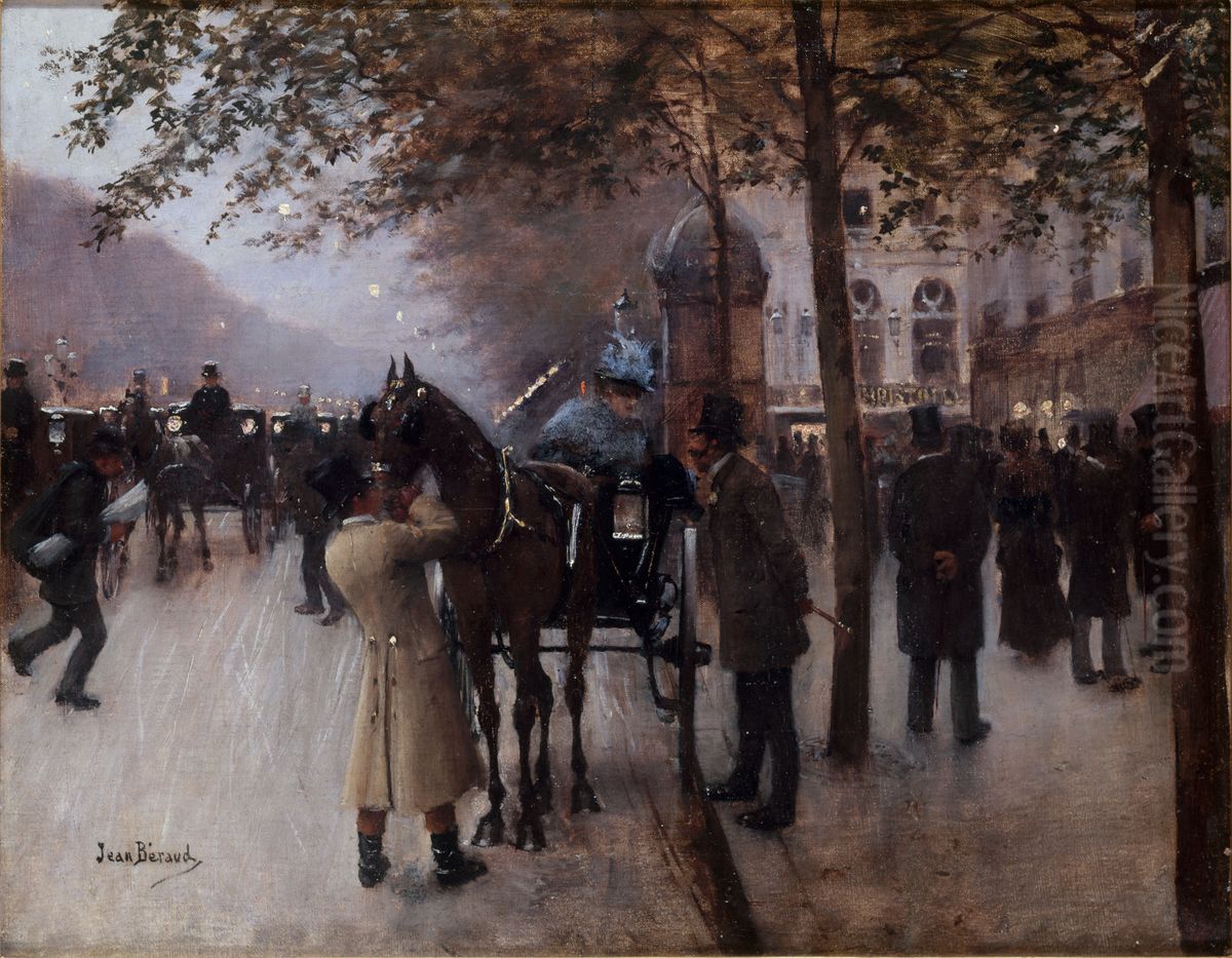 Boulevard des Capucines, Paris, in front of Cafe Napolitain Oil Painting by Jean Beraud