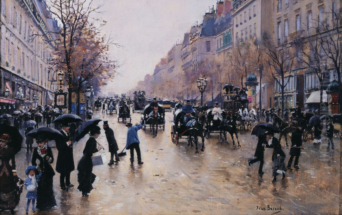 Le boulevard Poissonniere sous la pluie Oil Painting by Jean Beraud