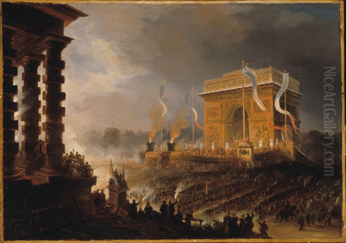 Fete de la Fraternite a l'arc de triomphe de l'Etoile : defile apres la distribution des drapeaux, le soir du 20 avril 1848 Oil Painting by Jean-Jacques Champin