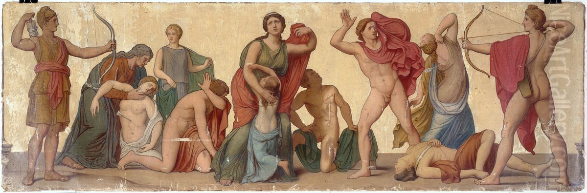 Massacre des Niobides, composition provenant de l'atrium de la maison pompeienne du prince Napoleon Oil Painting by Sebastien Cornu