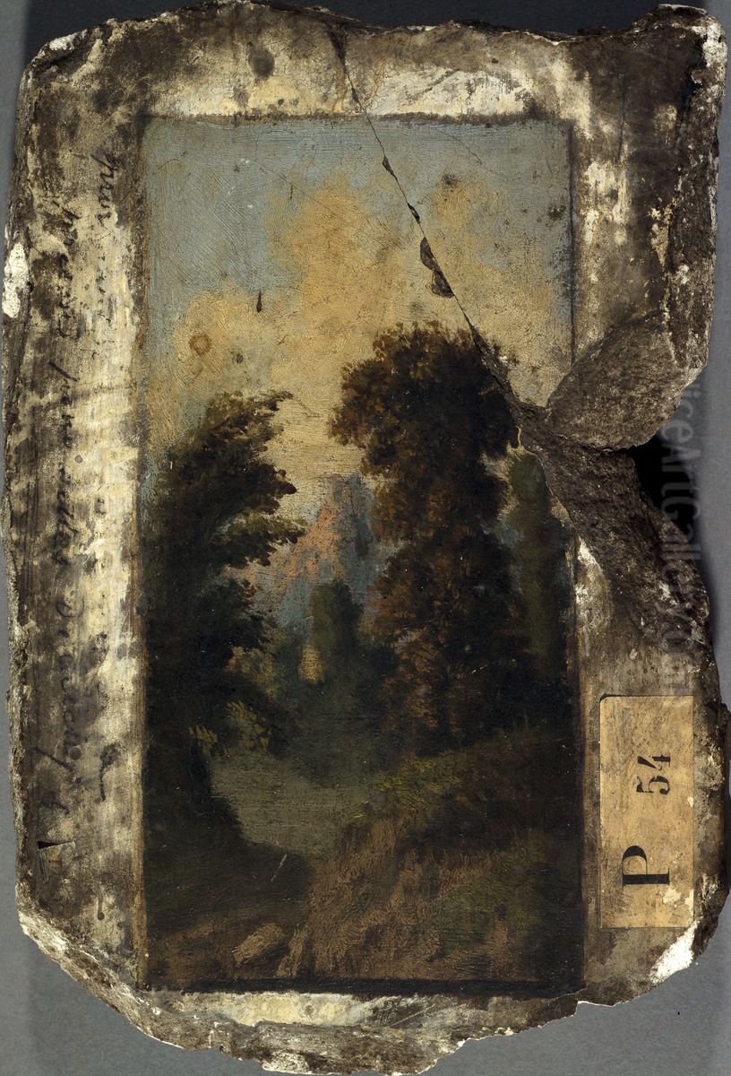 Paysage peint sur une pierre provenant de la prison de Clichy Oil Painting by Pierre-Luc-Charles Ciceri
