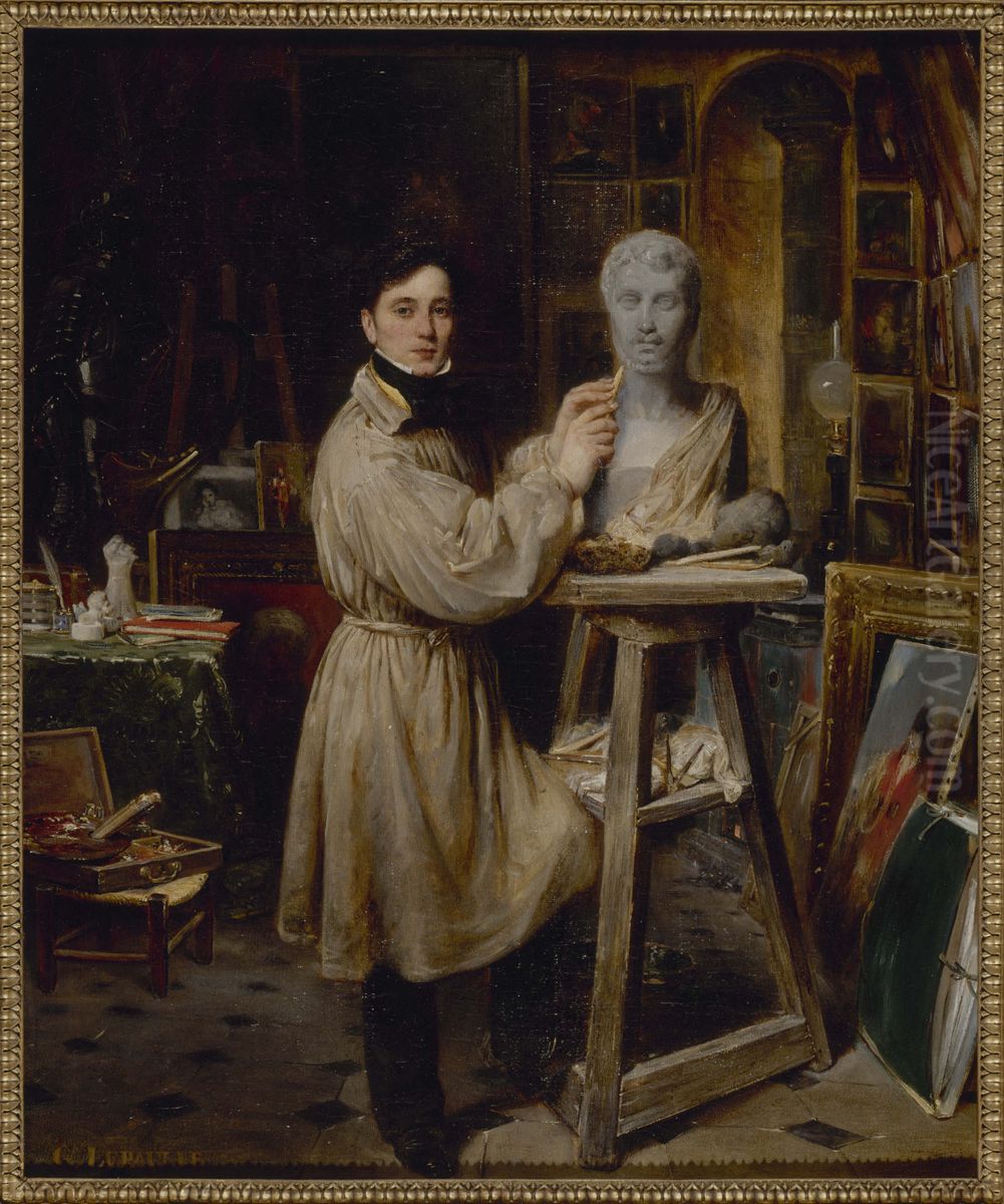 Jean-Pierre Dantan (1800-1869) en train de modeler le buste de Lepaulle Oil Painting by Francois Gabriel Guillaume Lepaulle