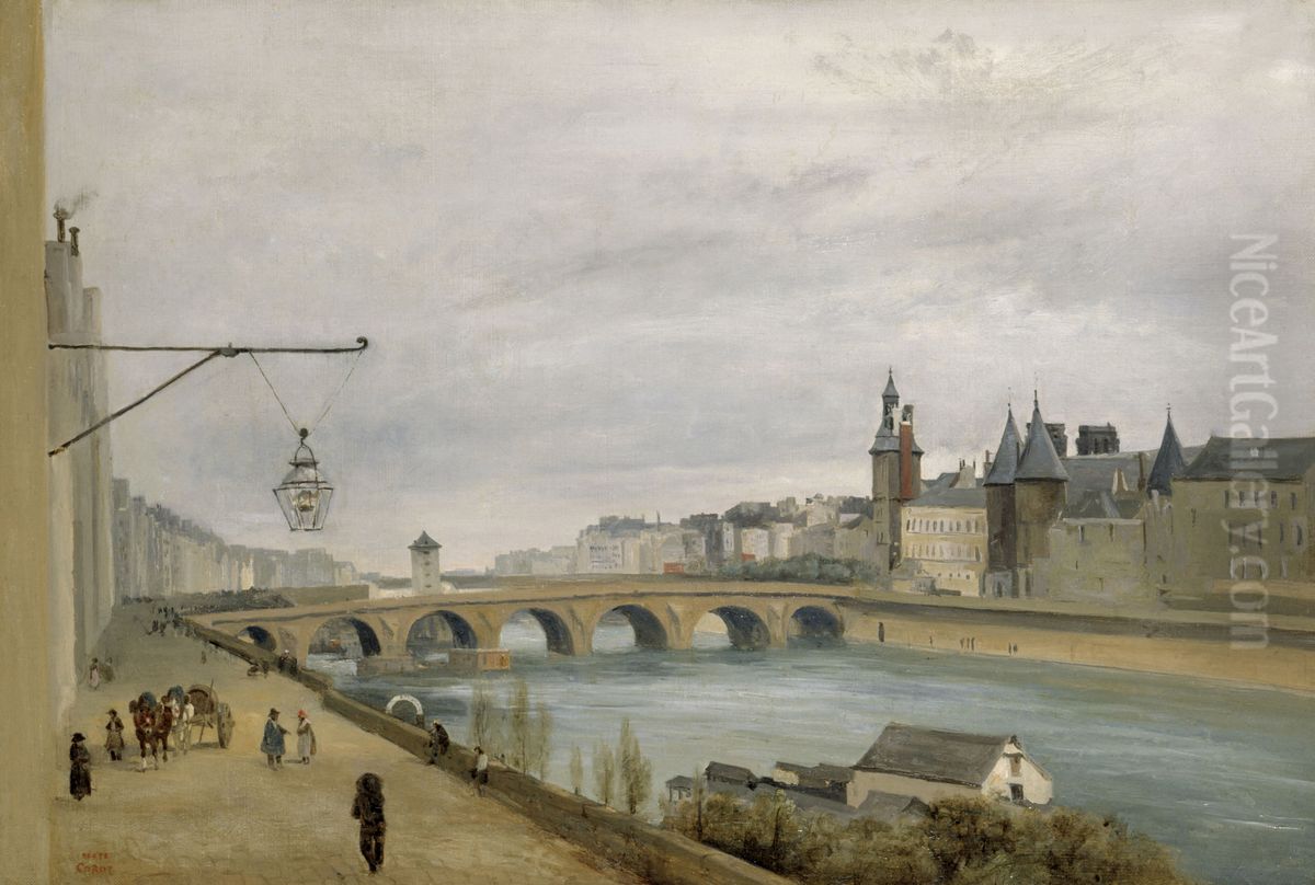 Le Pont au Change, vu du quai de Gesvres (1830) Oil Painting by Jean-Baptiste Camille Corot