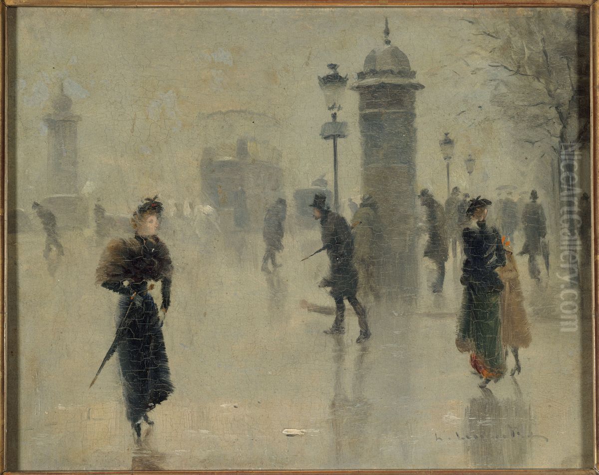 Passants sur le boulevard, un jour d'hiver, vers 1895 Oil Painting by Leon-Jules Lemaitre