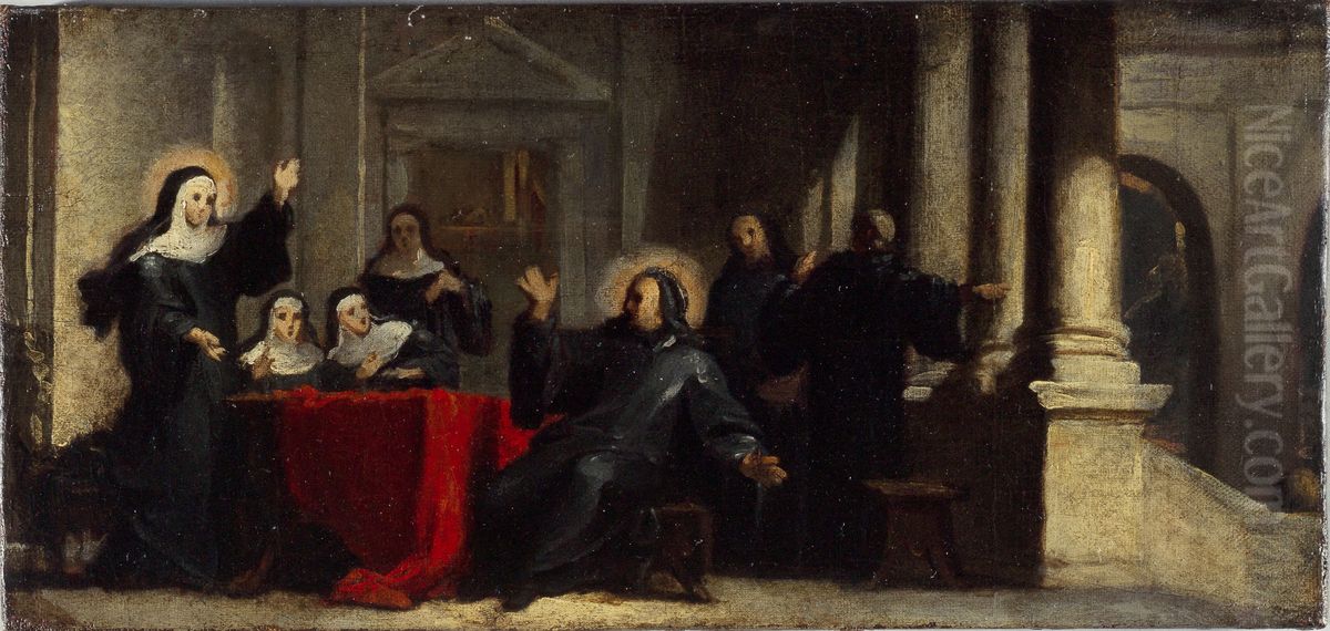 Sainte Scolastique obtenant du ciel une pluie accompagnee de tonnerre pour empecher saint Benoit de la quitter Esquisse pour le tableau du refectoire de l'abbaye de Saint-Martin-des-Champs Oil Painting by Louis Galloche