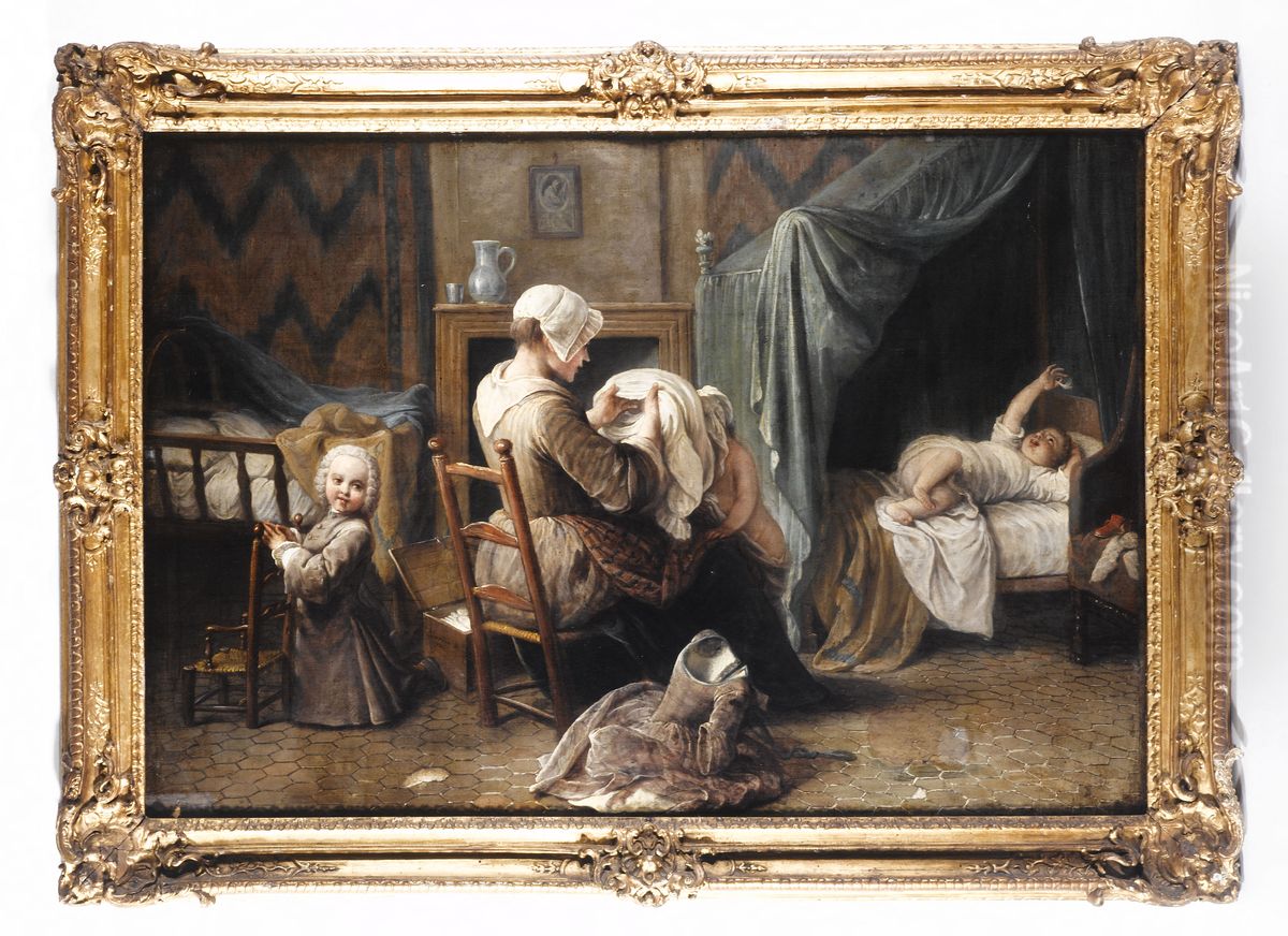 Une chambre ou une servante habille des enfants Oil Painting by Pierre Louis Ii Dumesnil