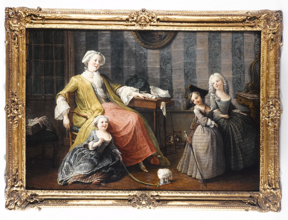 Une mere qui regarde jouer ses enfants Oil Painting by Pierre Louis Ii Dumesnil