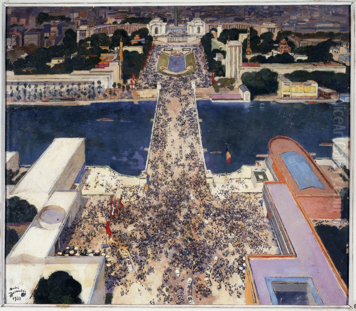 La colline de Chaillot pendant l'exposition Internationale de 1937, vue de la Tour Eiffel Oil Painting by Andre Devambez