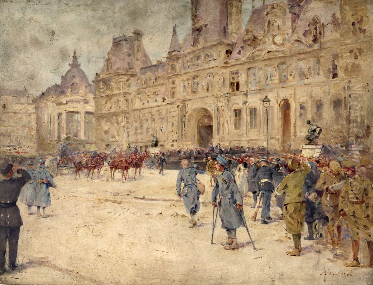 Les mutiles assistent aux obseques du general Gallieni, sur la place de l'Hotel-de-Ville (1er juin 1916) Oil Painting by Ernest Jean Delahaye