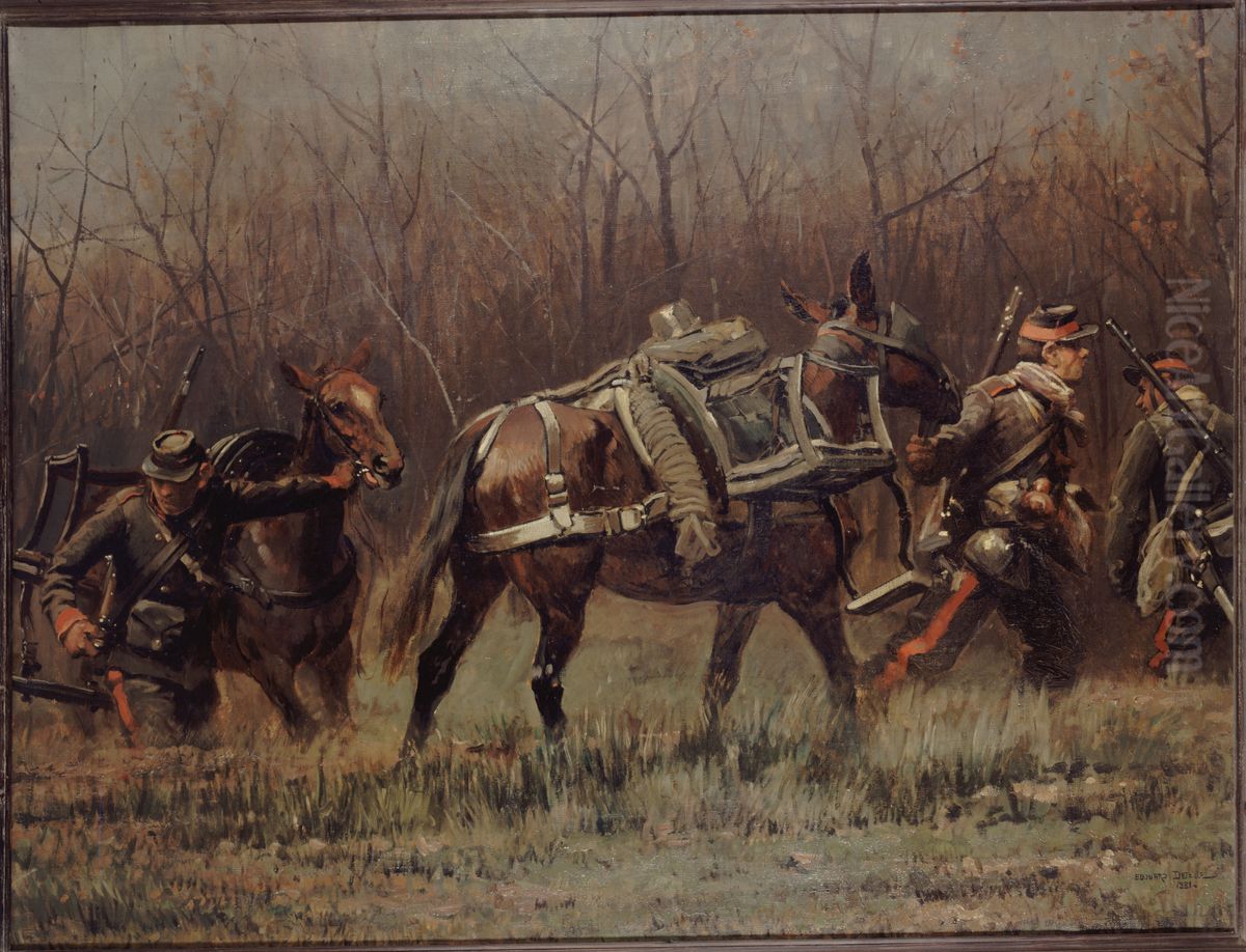 Scene militaire : mobiles conduisant des mulets d'ambulances (fragment du panorama de Champigny) Oil Painting by Edouard Detaille