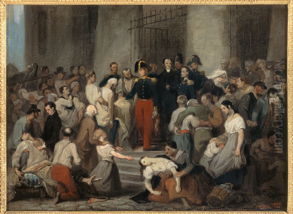 Le duc d'Orleans visitant les malades de l'Hotel-Dieu pendant l'epidemie de cholera, en 1832 Oil Painting by Alfred Johannot