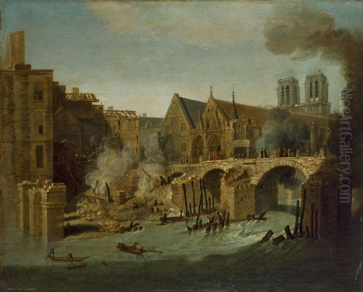 Le Petit-Pont, apres l'incendie de 1718 Oil Painting by Jean-Baptiste Oudry