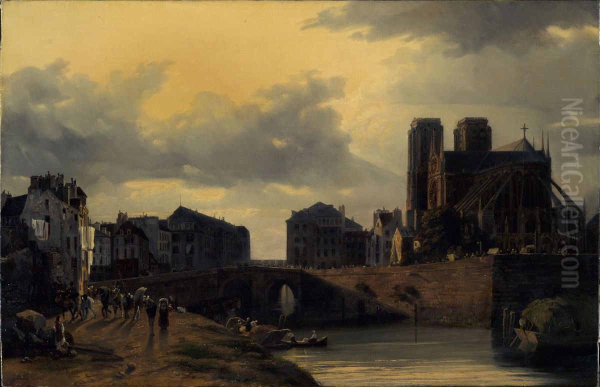 Le chevet de Notre-Dame et le pont de l'Hotel-Dieu Oil Painting by Louis Nicolas Matout