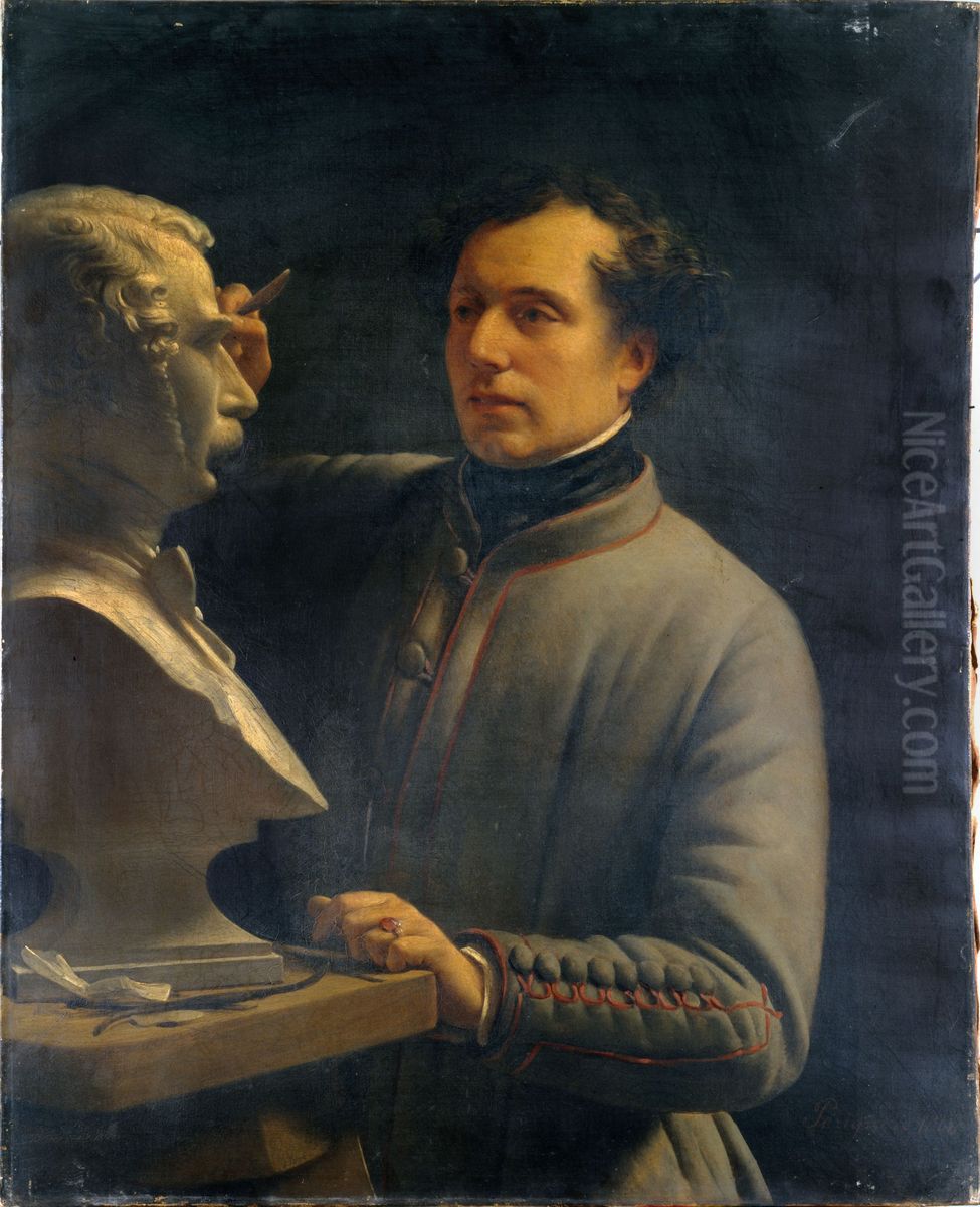 Jean-Pierre Dantan (1800-1869), sculpteur, modelant le buste de Perignon, en 1848 Oil Painting by Alexis-Joseph Perignon