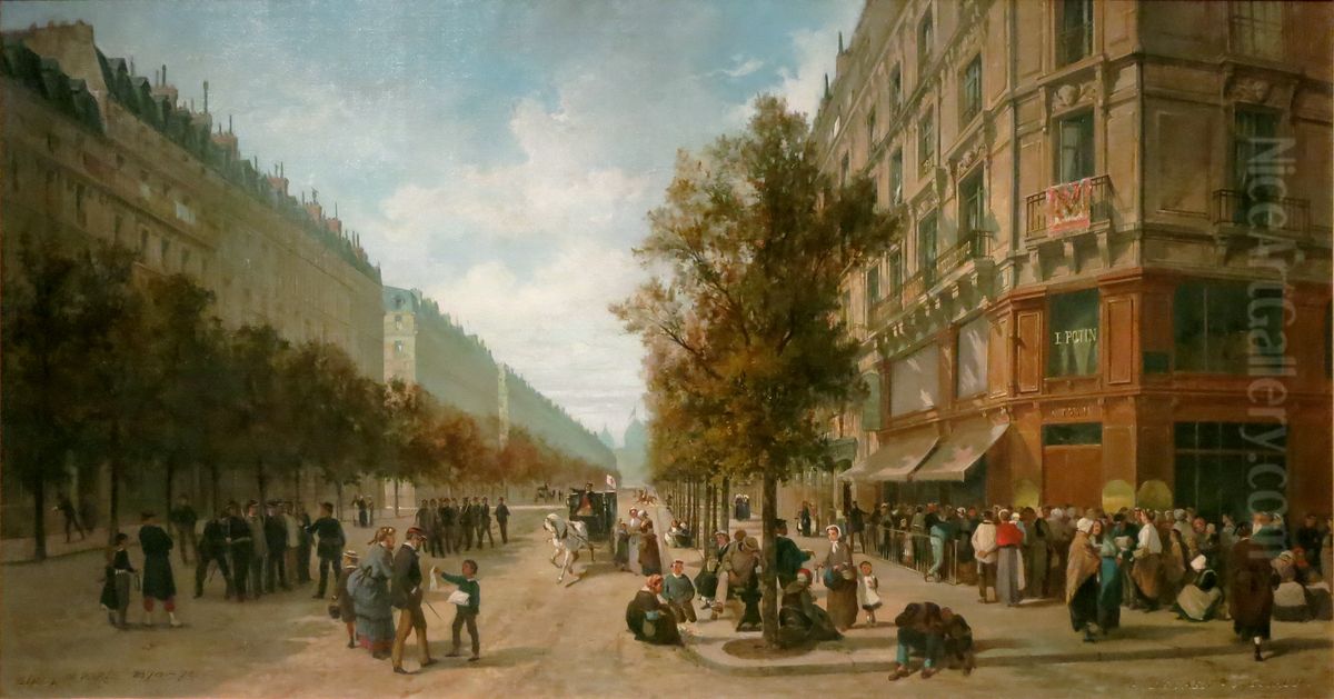 Queue a la porte d'une epicerie (angle de la rue Reaumur et du boulevard Sebastopol) en novembre 1870 Oil Painting by Jacques Guiaud