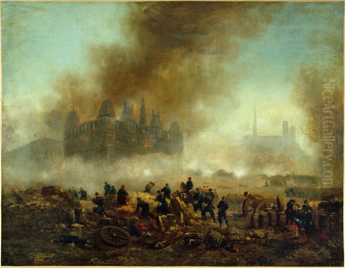 L'Hotel de Ville incendie, assailli par les troupes de Versailles Oil Painting by Gustave Boulanger