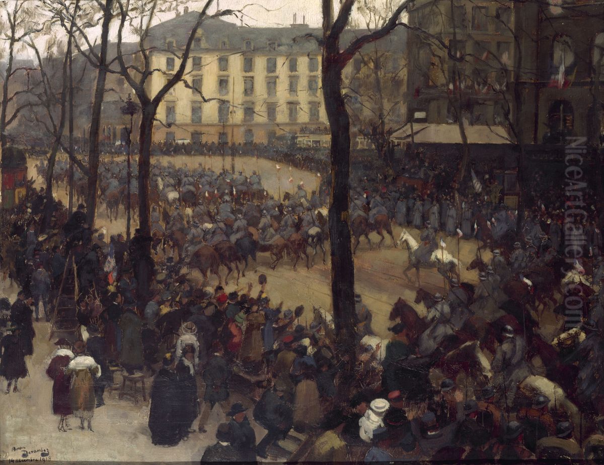 L'Escorte du president Wilson, place Saint-Augustin Oil Painting by Andre Devambez