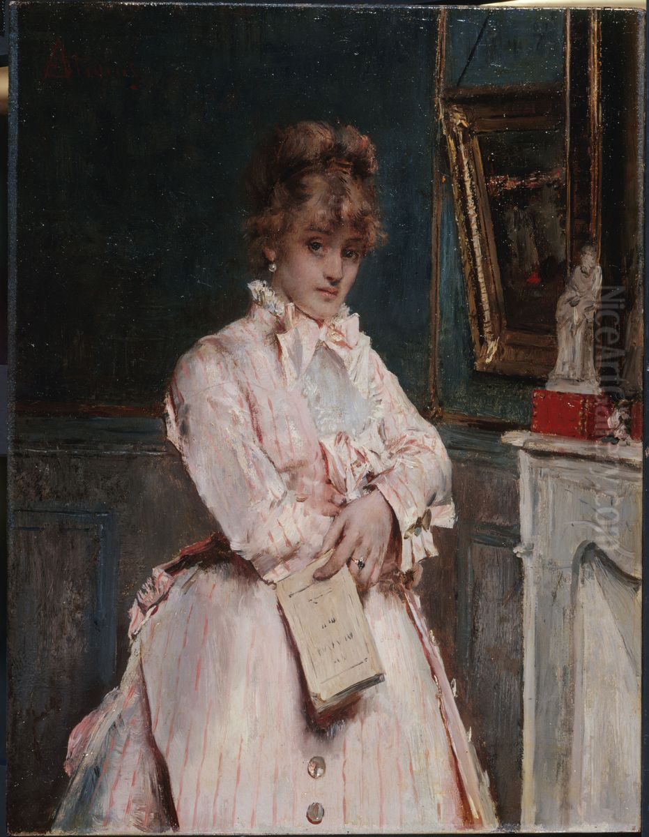 Jeune femme tenant un livre Oil Painting by Alfred Stevens