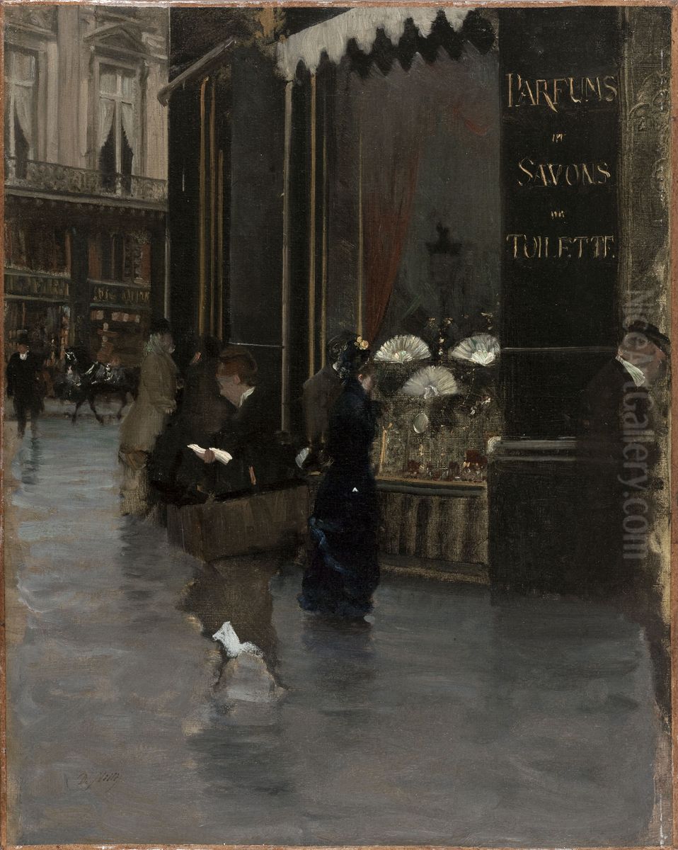 The Violet perfumery, at the corner of Boulevard des Capucines and Rue Scribe in Paris Oil Painting by Giuseppe de Nittis