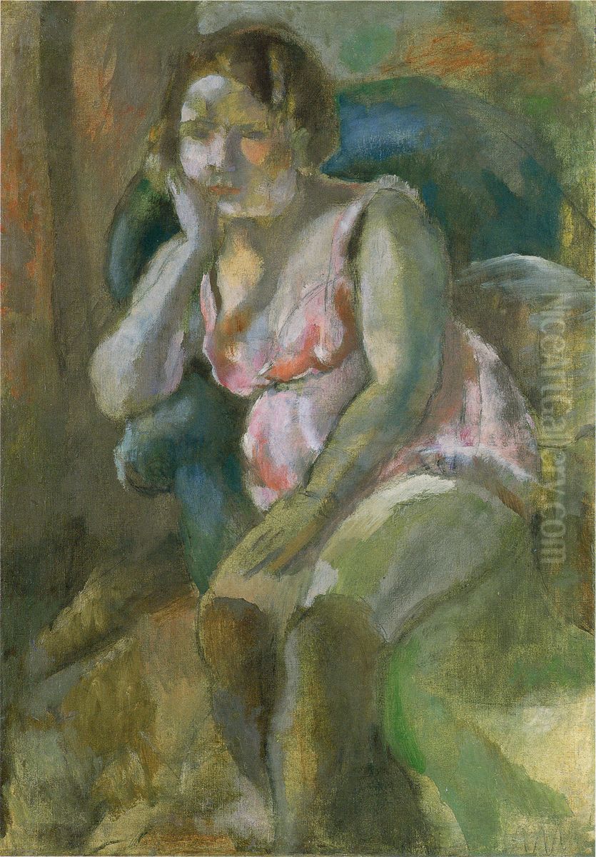 Sitting Marcelle Wearing Pink Underclothes ri ben yu:pinkuno ji zhewo zhete zuorumaruseru Oil Painting by Jules Pascin