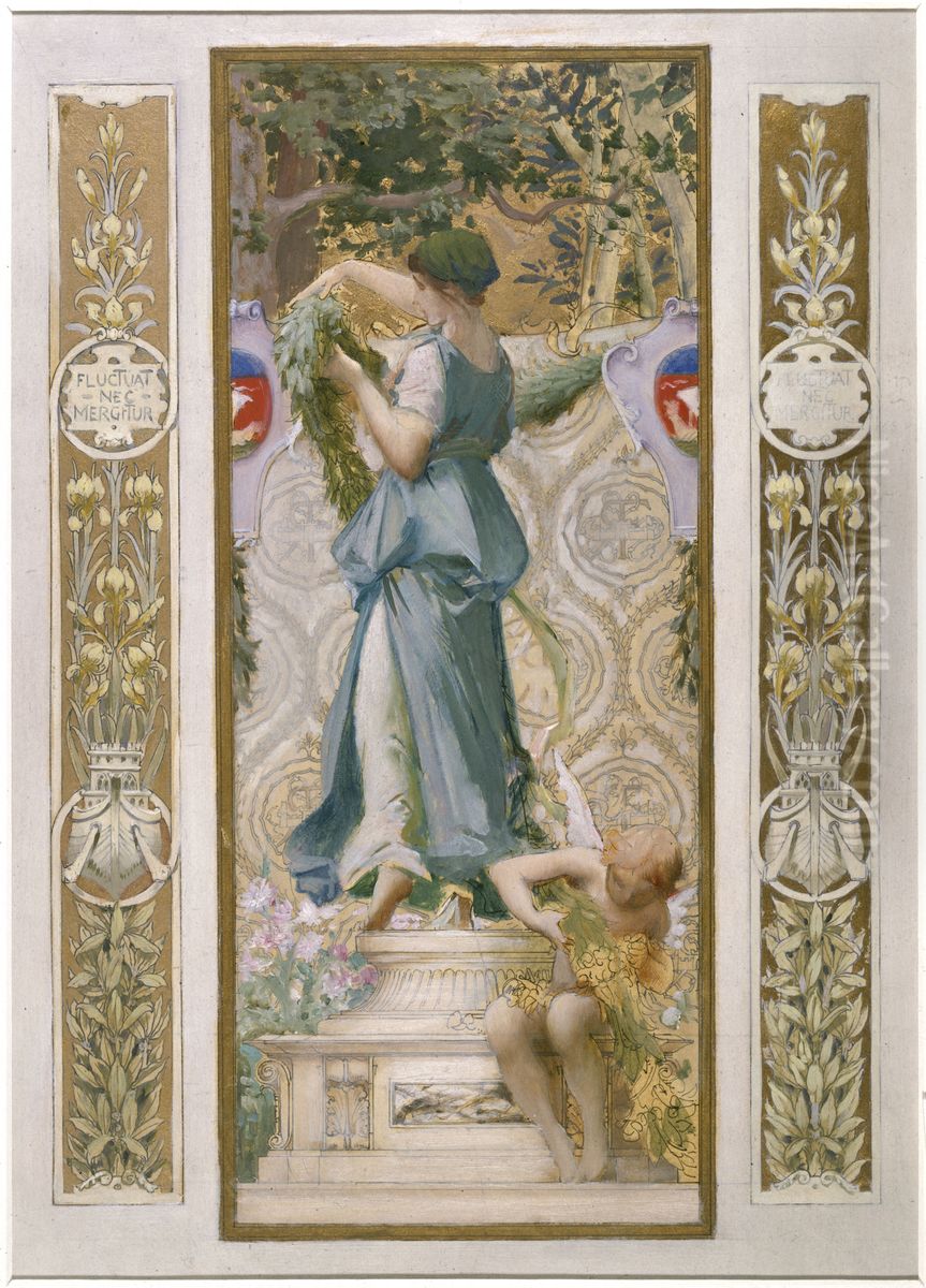 Esquisse pour l'escalier des Fetes de l'Hotel de Ville de Paris : Les Fleurs ( La Guirlande) Oil Painting by Luc-Olivier Merson
