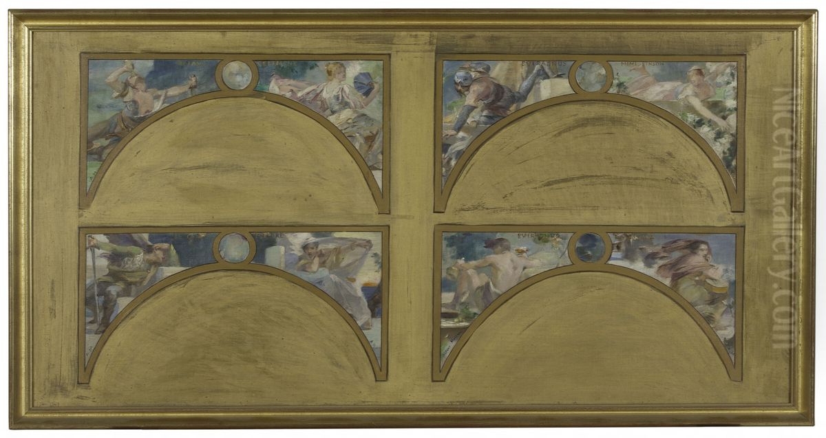 Esquisse pour le salon des Lettres de l'Hotel de Ville : les grandes oeuvres litteraires (La Chanson de Roland, Le Misanthrope, Eviradnus, Mimi Pinson, Le Cid, Phedre, Pantagruel, La Cigale) Oil Painting by Albert Maignan