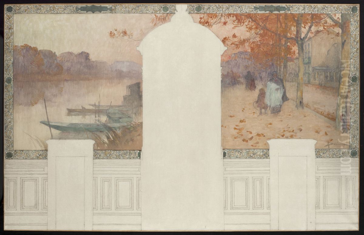 Esquisse pour la mairie d'Asnieres : Automne, la Seine a Asnieres Oil Painting by Henri Gaston Darien