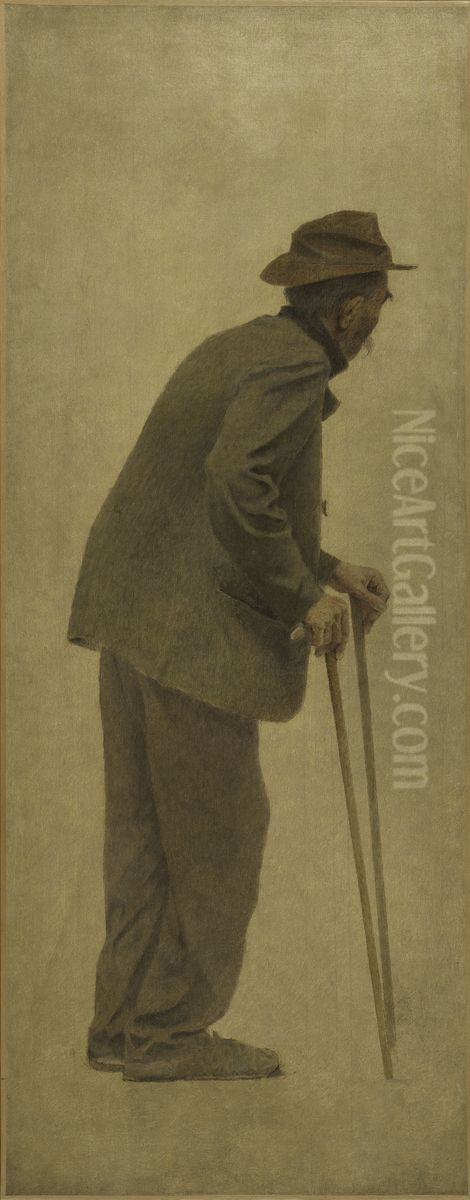 La Bouchee de pain : vieil homme s'appuyant sur des cannes Oil Painting by Fernand Pelez