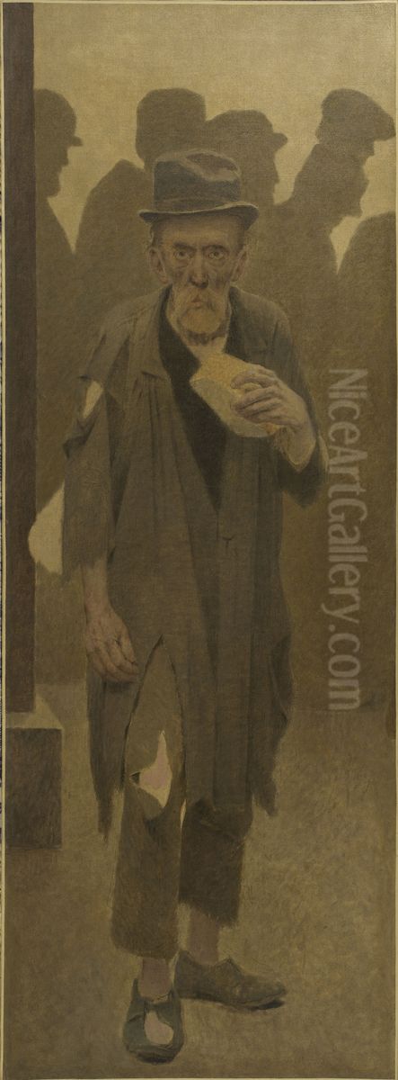La Bouchee de pain : vieil homme en haillons, de face, tenant un morceau de pain Oil Painting by Fernand Pelez