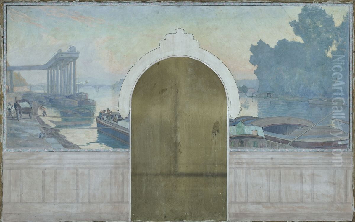 Esquisse pour la salle de mariages de la mairie d'Asnieres : Paysage. Peniches sur la Seine, avec le pont d'Asnieres Oil Painting by Henry Bouvet