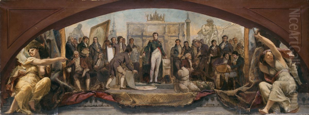 Esquisse pour le pavillon Denon au Louvre : Les quatre ages artisique de la France - Presentation des plans a Napoleon Oil Painting by Charles Louis Muller