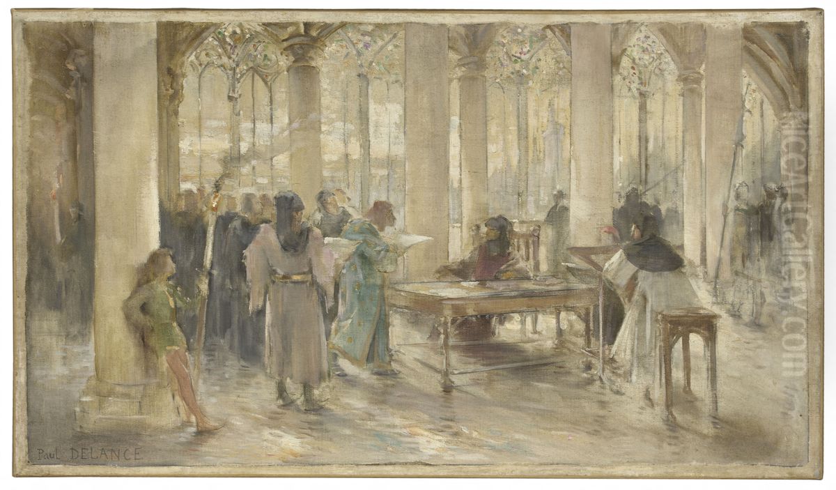 Esquisse pour la salle d'audience du tribunal de commerce de Paris : Le livre des metiers Oil Painting by Paul-Louis Delance